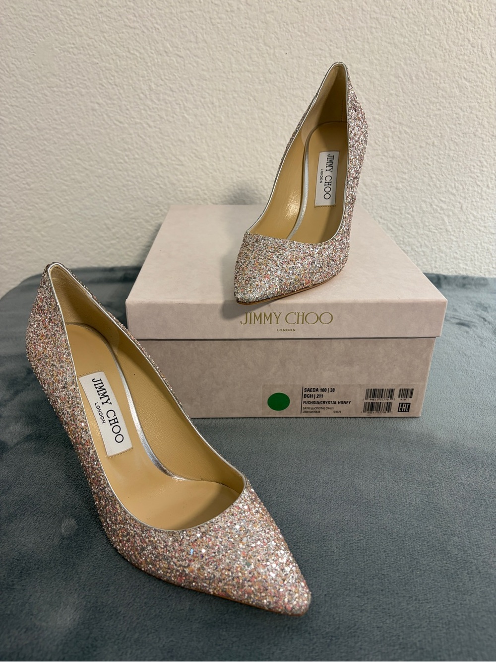 Authentic Jimmy Choo Saeda 100 Fuchsia/Crystal Honey Size 38 US 8